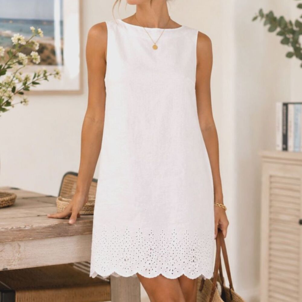 Vintage Linen Shift Dress Eyelet Hem White Sleeveless Y2K Size 14 Casual Corner